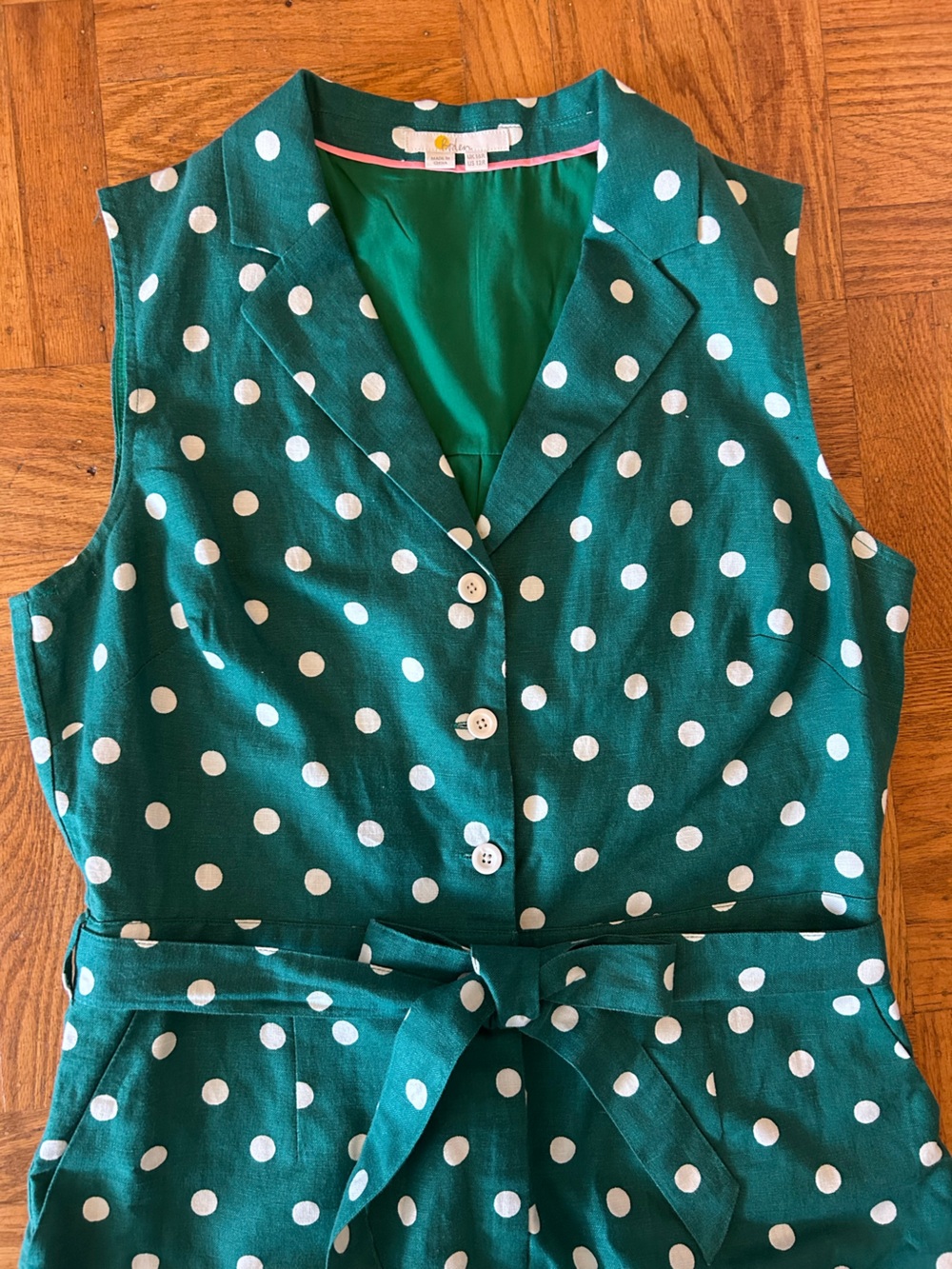 Boden Revere Collar Jumpsuit Green Polka Dot Cropped Wide Leg Sz 12 Sleeveless - Picture 4 of 9